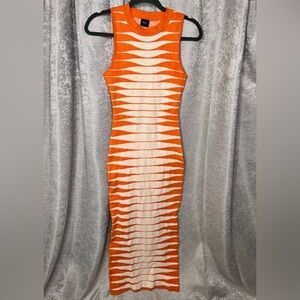 Blanc Noir Orange and Cream Midi‎ Dress